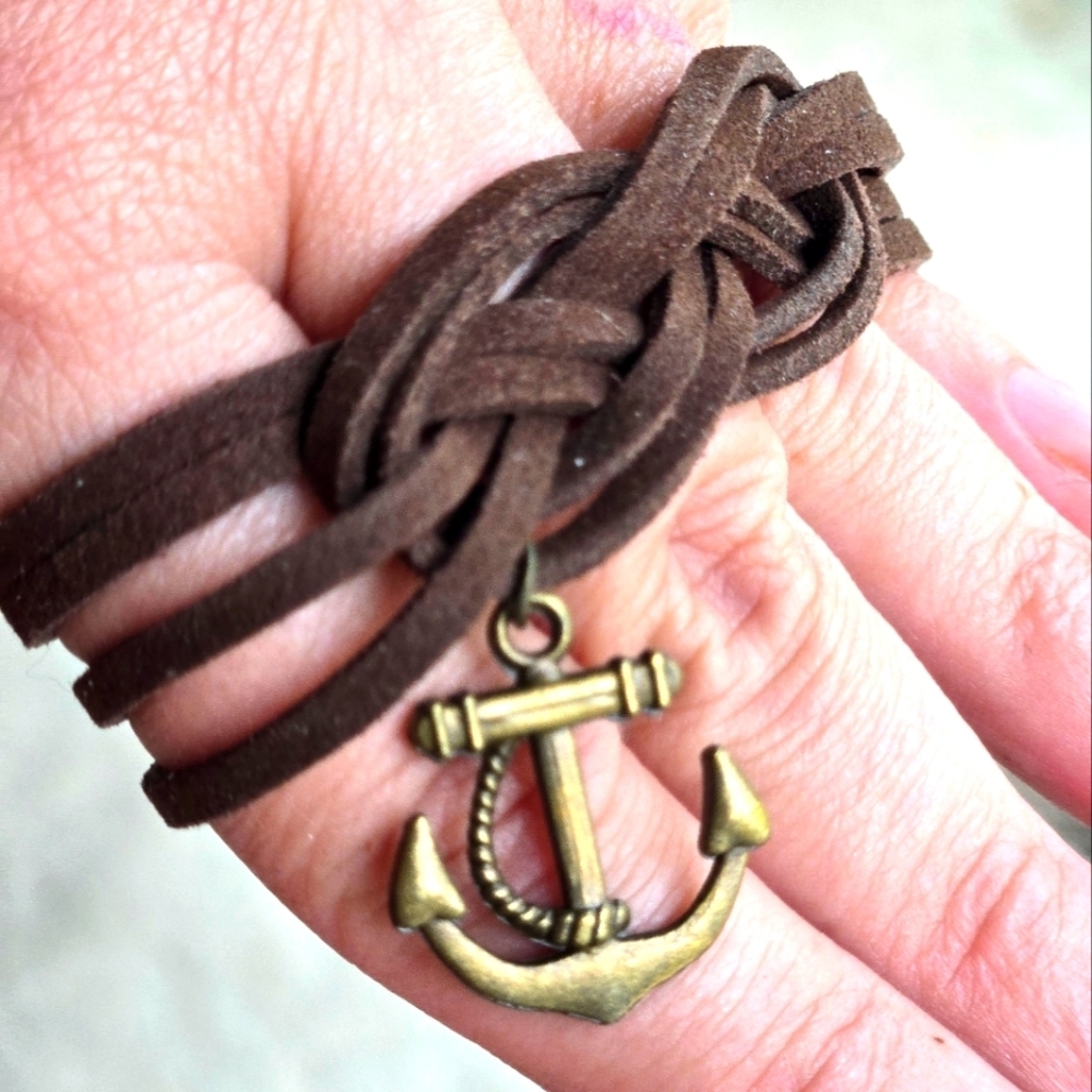 💖 Brown Leather Bracelet Anchor Charm Nautical Knot Jewelry Bronze Yellow Gold